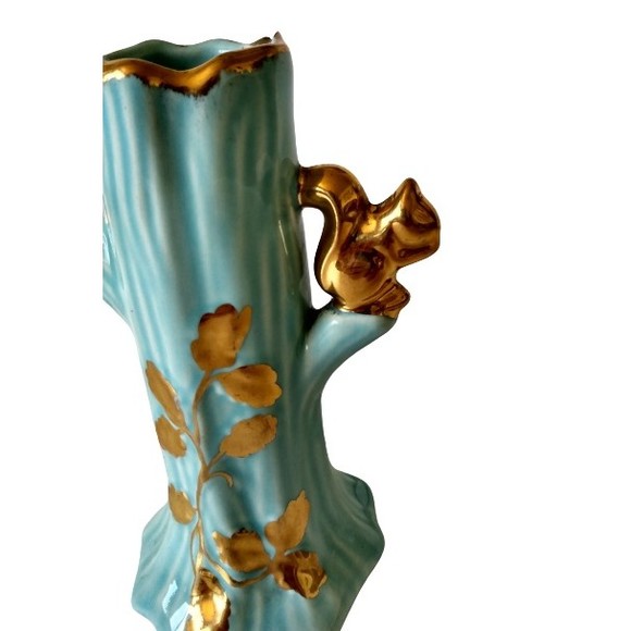 Blue Ceramic Tree Trunk 22K Gold Trim Squirrel & Leaf Design Flower Bud Vase - Picture 3 of 5
